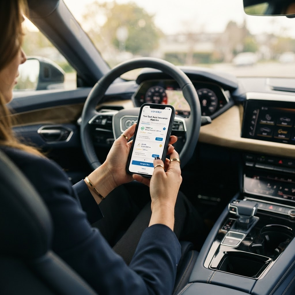 Driver reviewing an insurance comparison app on a smartphone inside a car