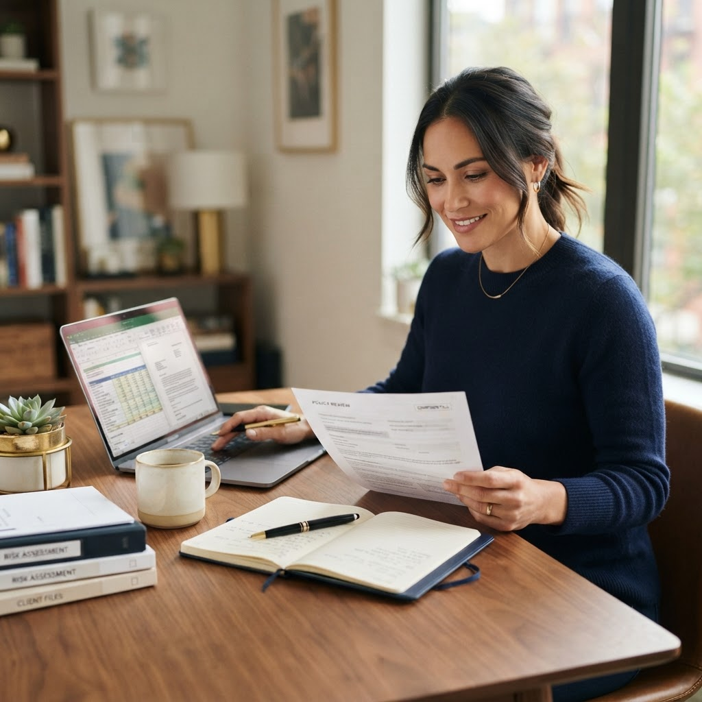 Person reviewing insurance documents next to a laptop